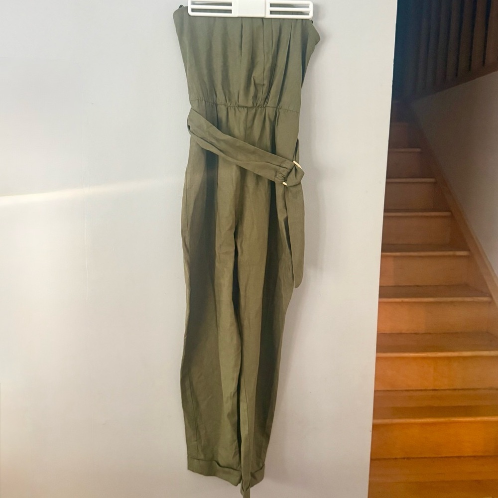 Zara Utilitarian Khaki Strapless Jumpsuit with Belt